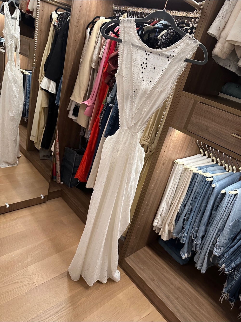 Sleeveless White Eyelet Maxi Dress with Pearl Trim